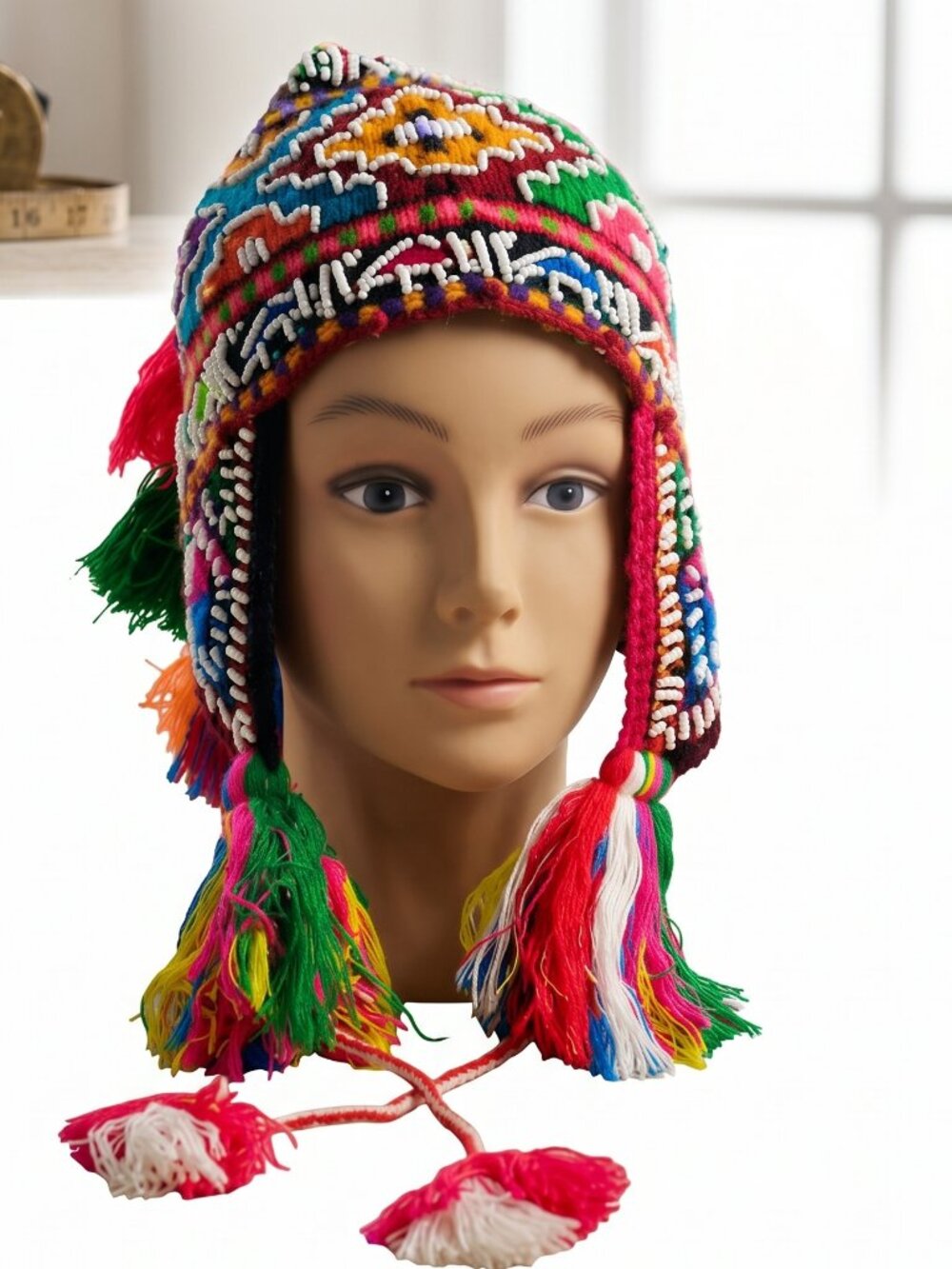 Traditional Andean Chullo Beanie with Seed Bead Embroidery – Warm Winter Hat